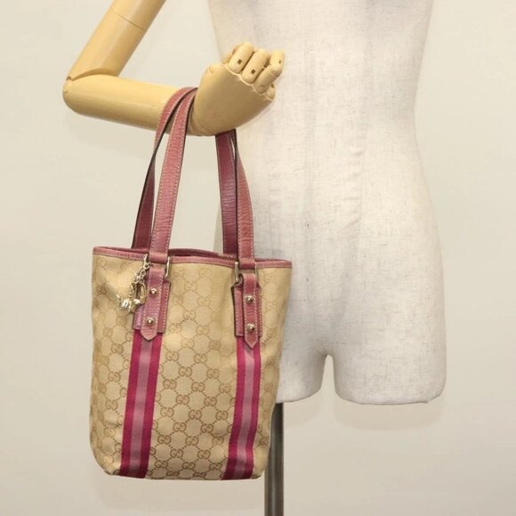 GUCCI GG Canvas Sherry Line Tote Bag Beige Gold Auth 140181 - Picture 14 of 16